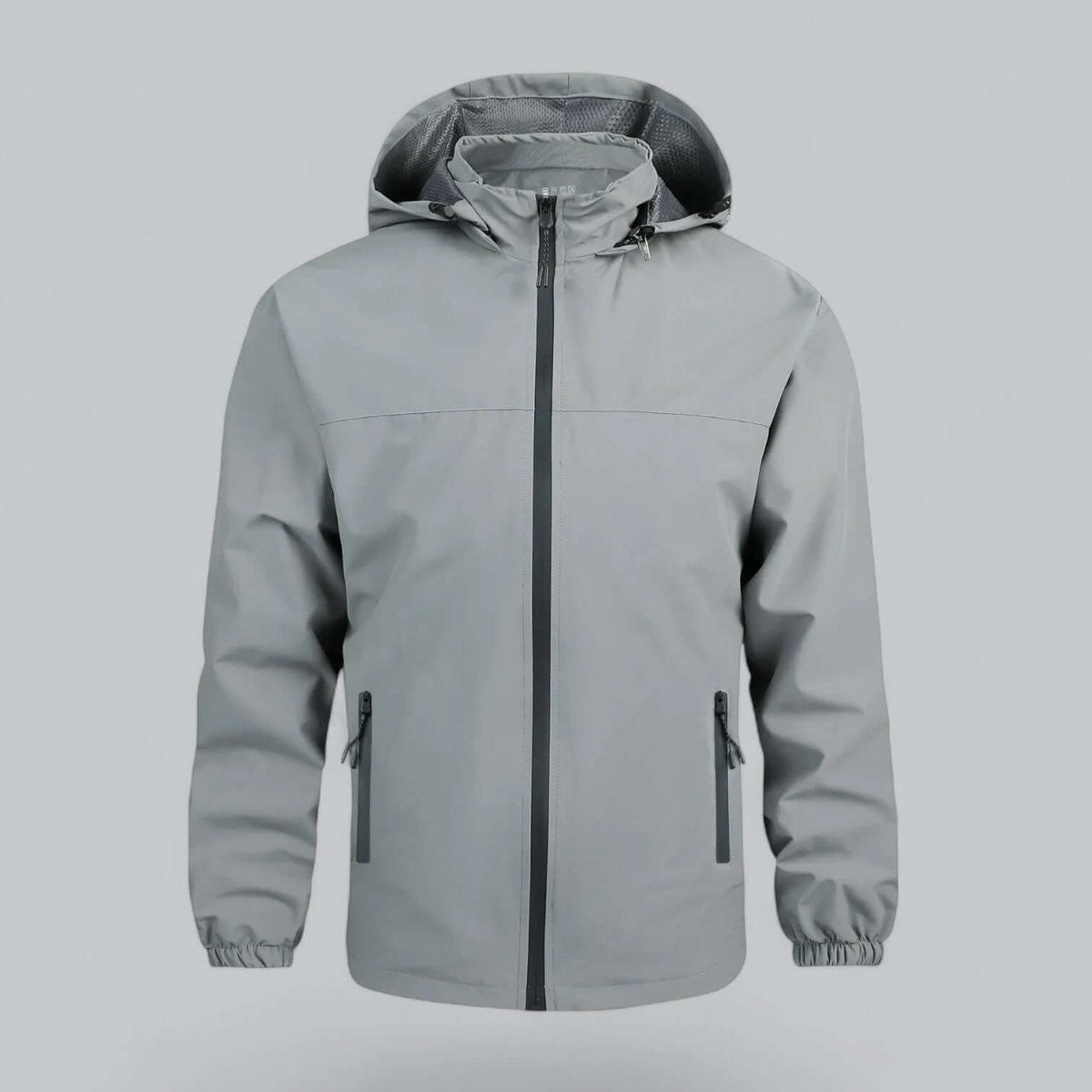 Grey waterproof hooded jacket with zipped front, men's style
