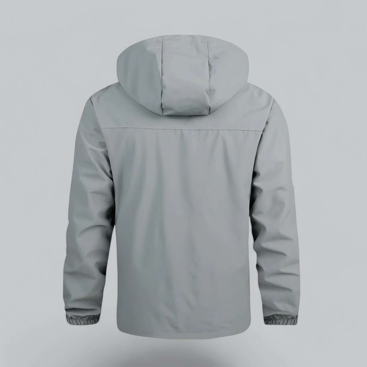 Grey hooded windproof jacket viewed from behind