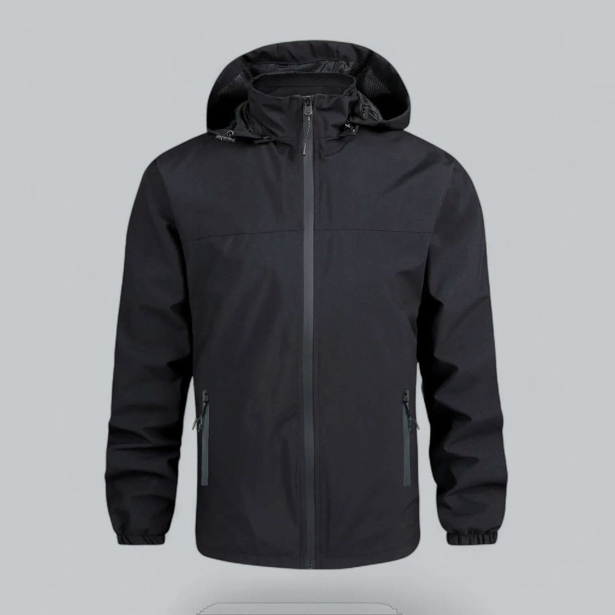 Black waterproof hooded jacket with zip pockets, front view