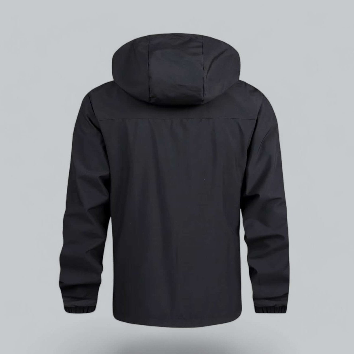 Black hooded windproof jacket showing back panel and hood