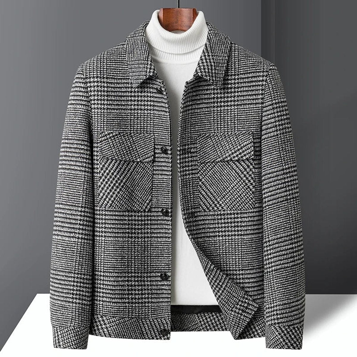 Grey houndstooth check wool-blend jacket with buttoned chest pockets and collar