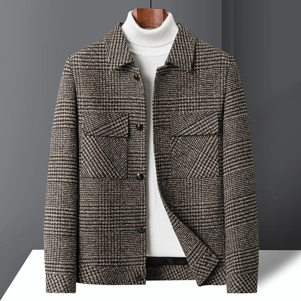 Brown heritage check wool-blend jacket worn over a white polo neck jumper
