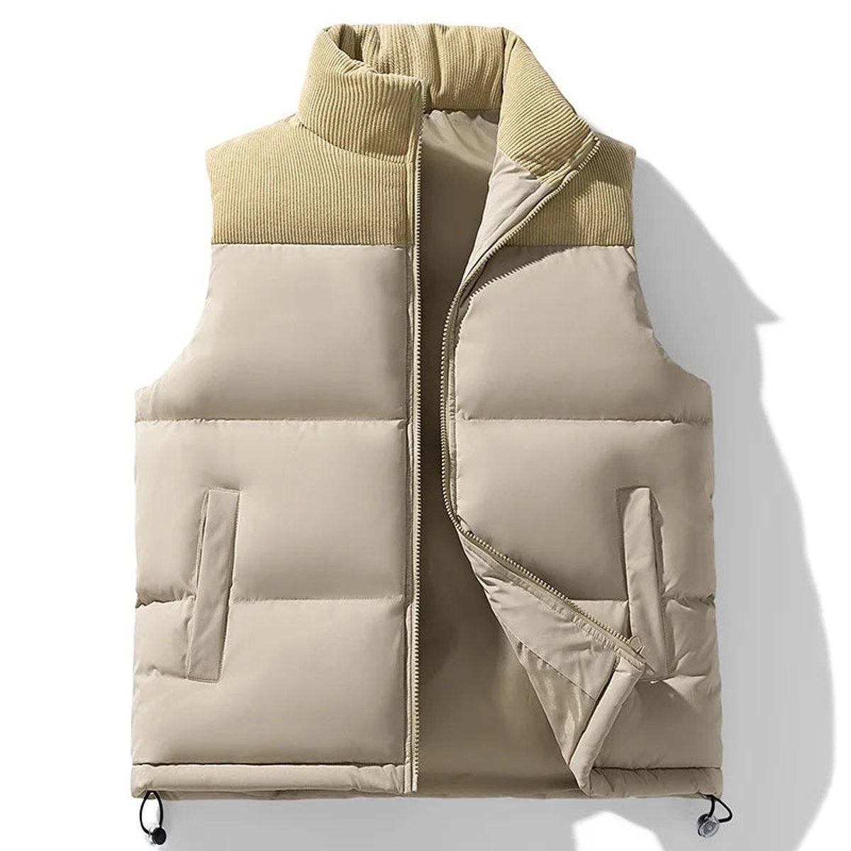 Beige quilted gilet with ribbed knit collar and zip fastening