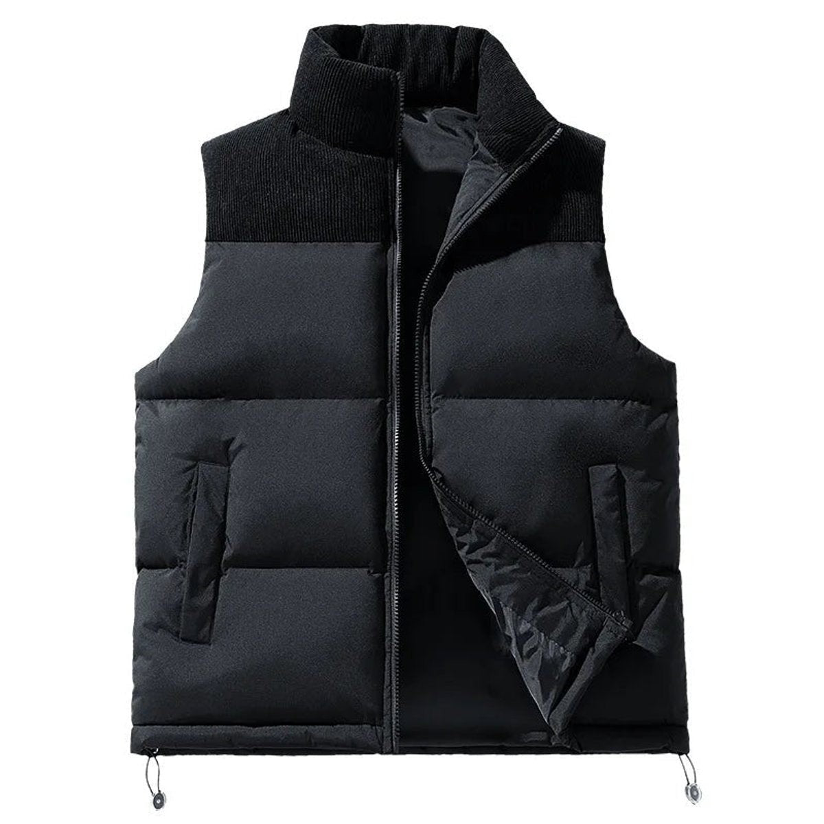 Black padded gilet featuring knitted stand collar and drawstring hem