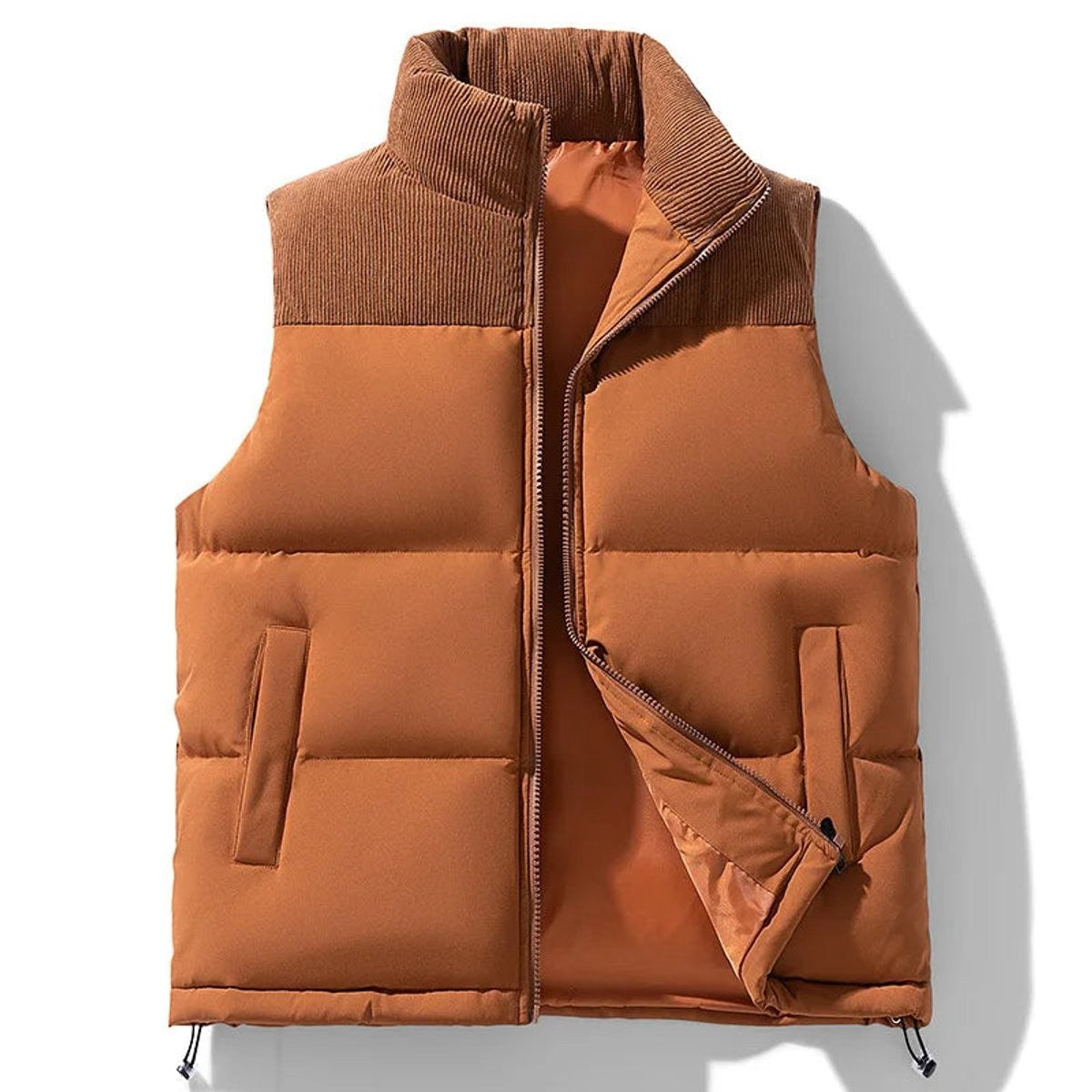 Rust brown quilted vest with ribbed collar and toggle drawstring