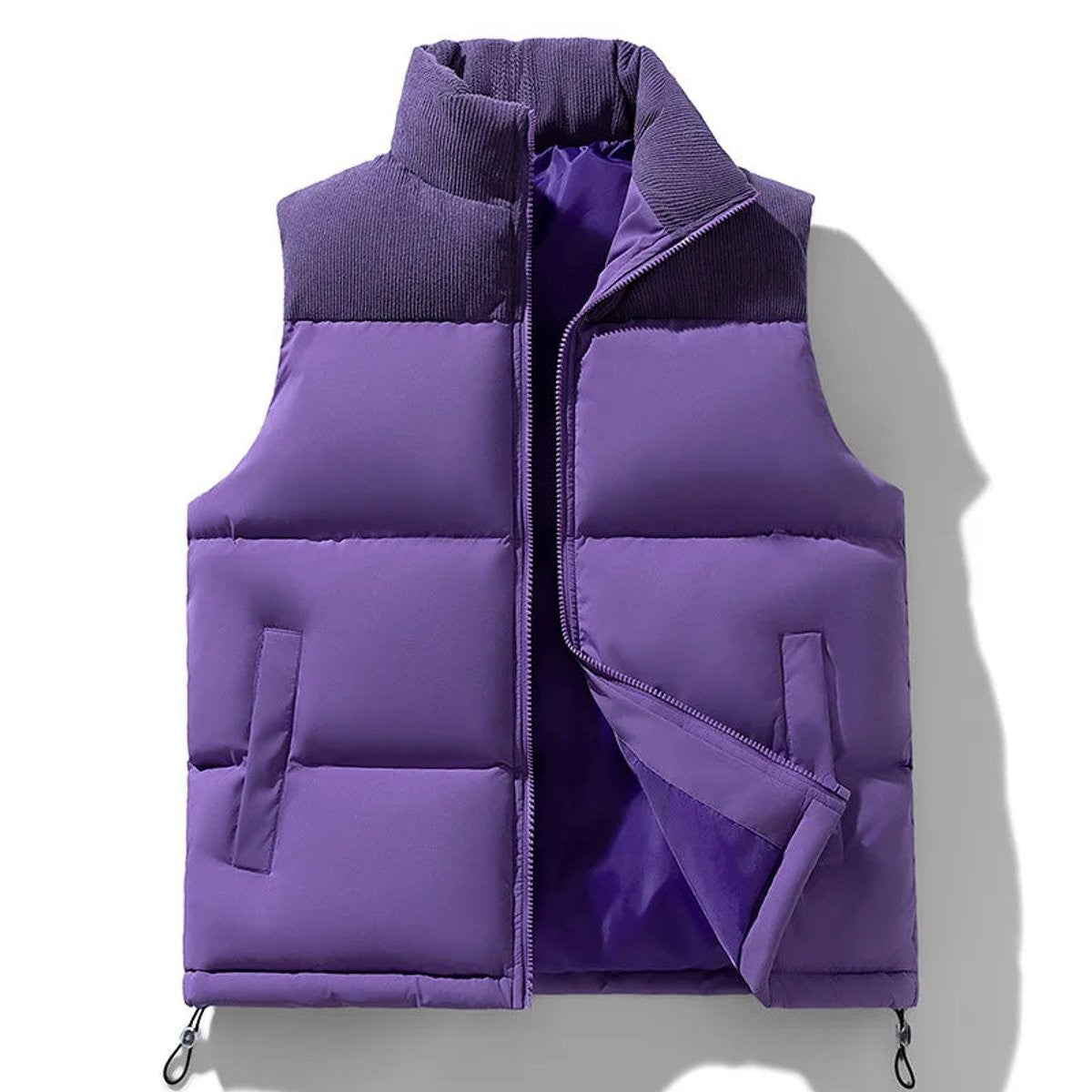 Purple padded gilet showing knitted collar and full-zip front