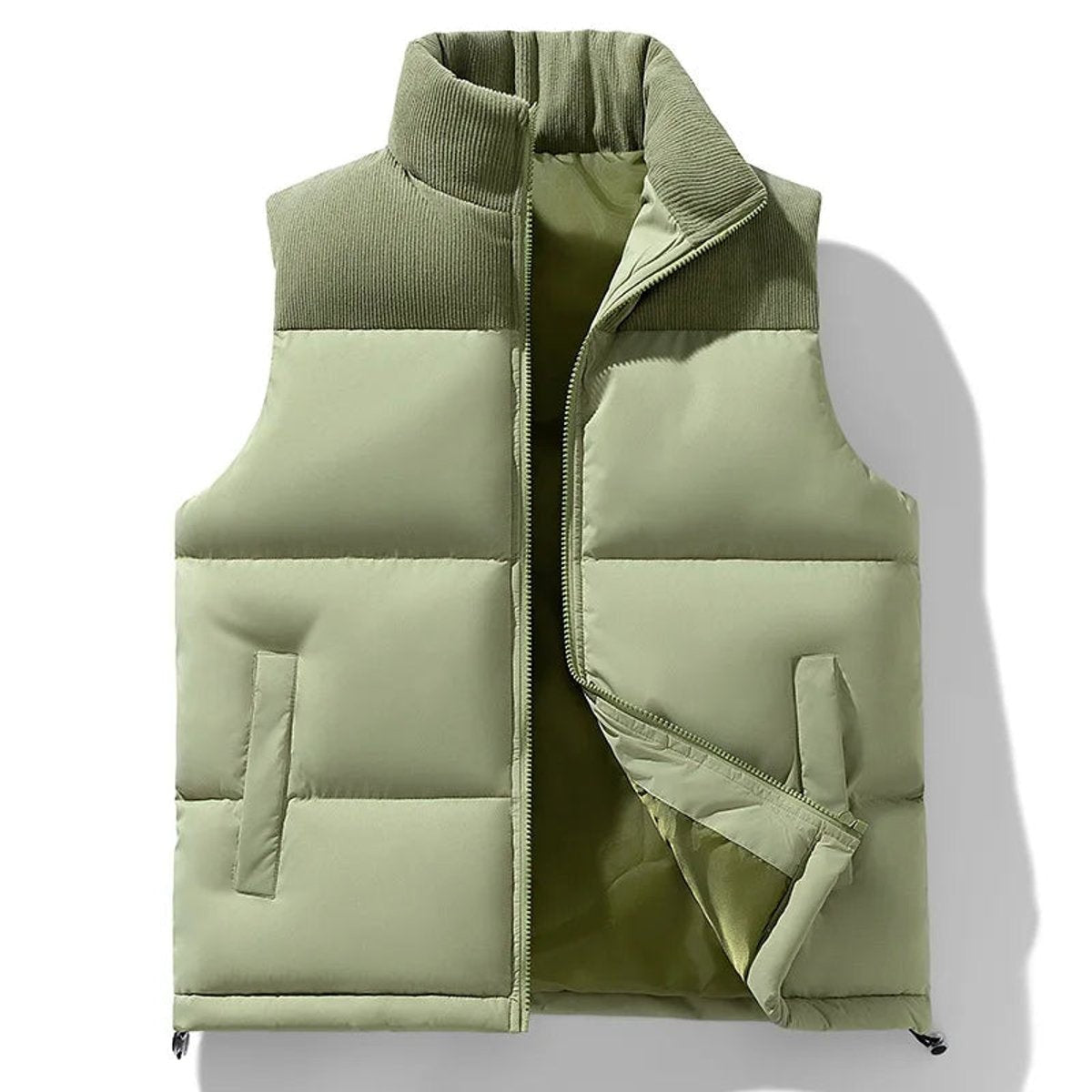 Sage green quilted gilet with ribbed knit collar and sleeveless design