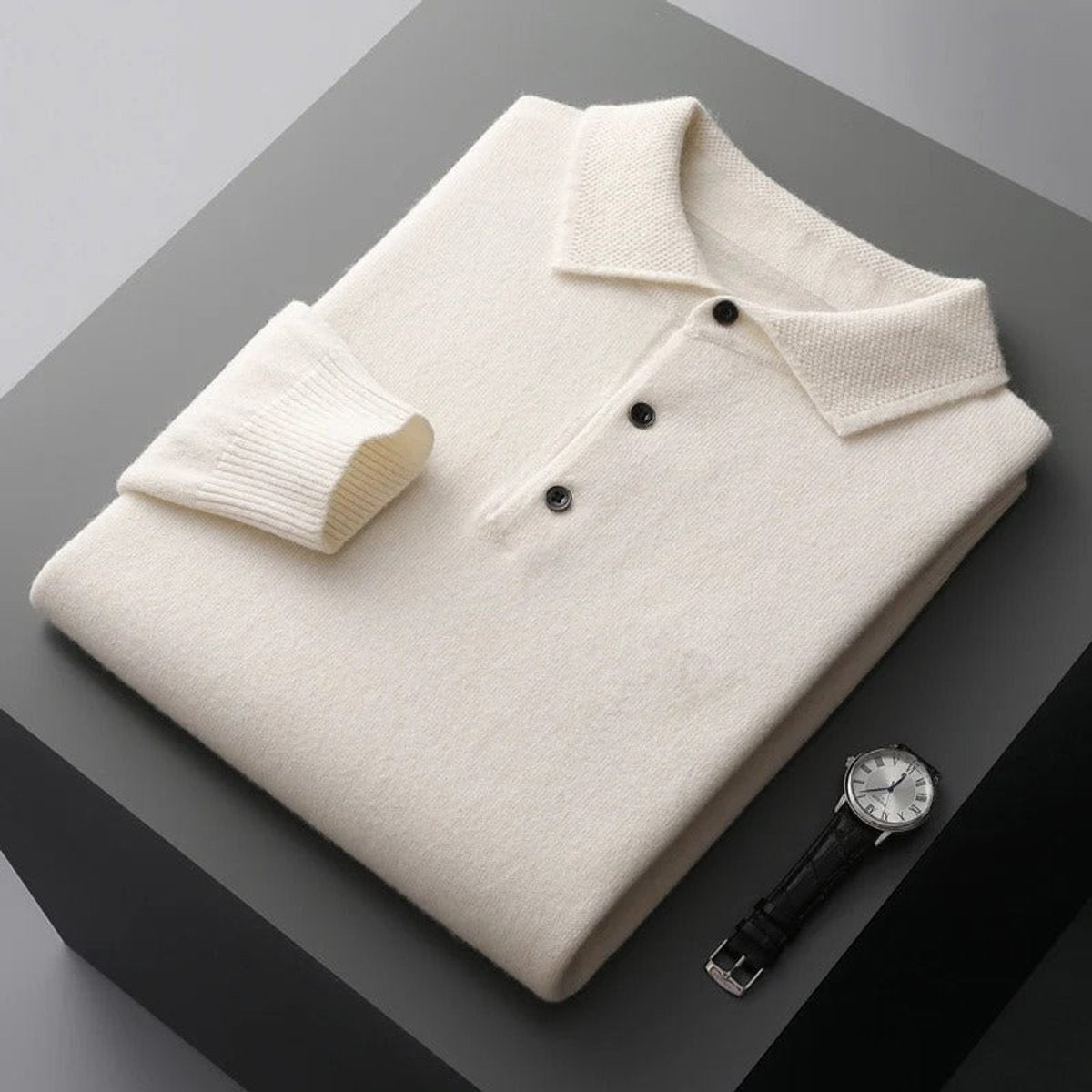 Cream knitted polo jumper with textured collar and button neckline