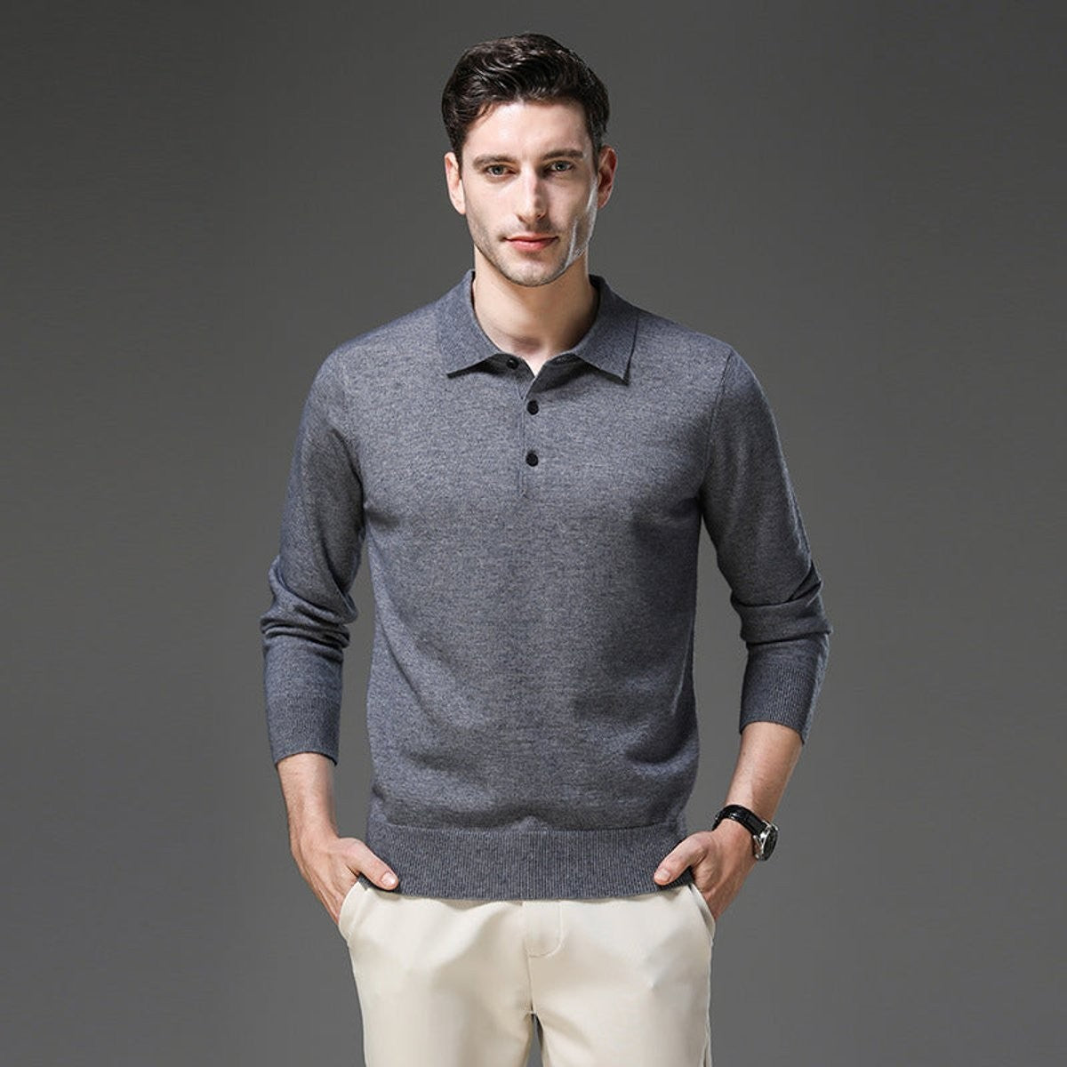 Man wearing grey long-sleeve cashmere polo jumper with ribbed hem