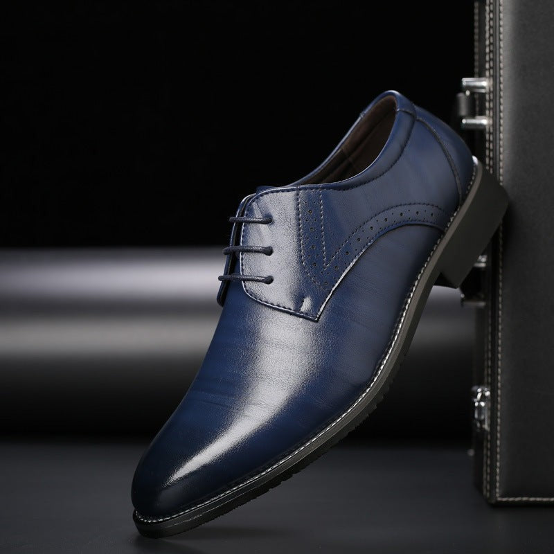 Navy blue leather Derby shoe with subtle brogue perforations