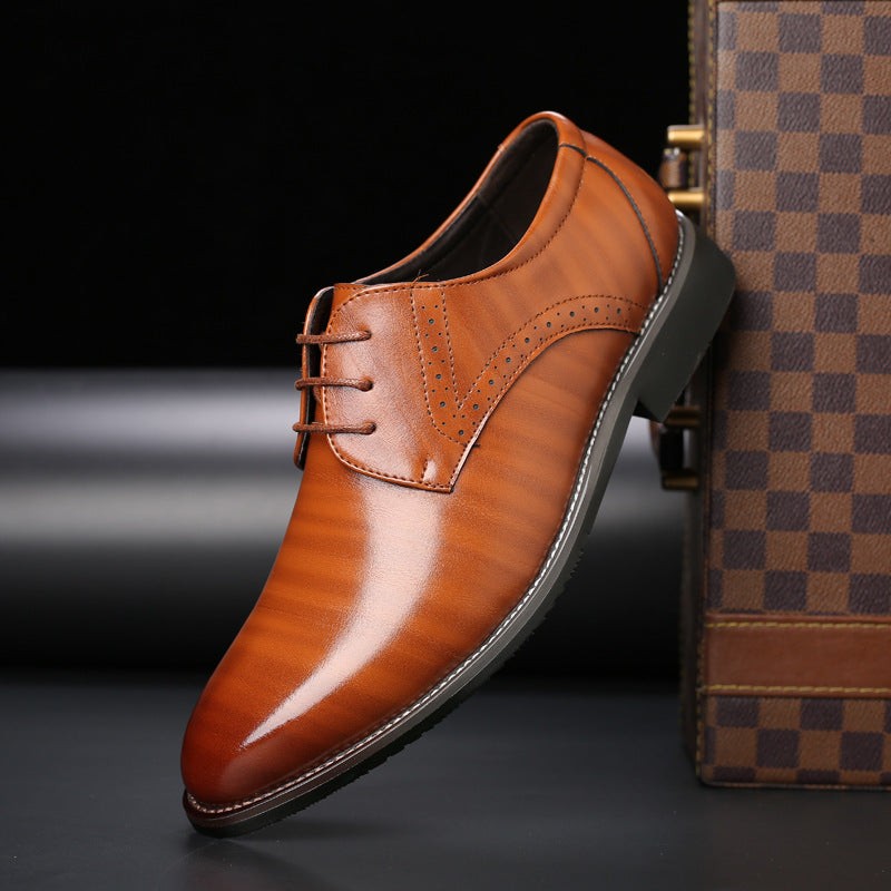 Tan leather Derby shoe showcasing brogue accents and pointed toe
