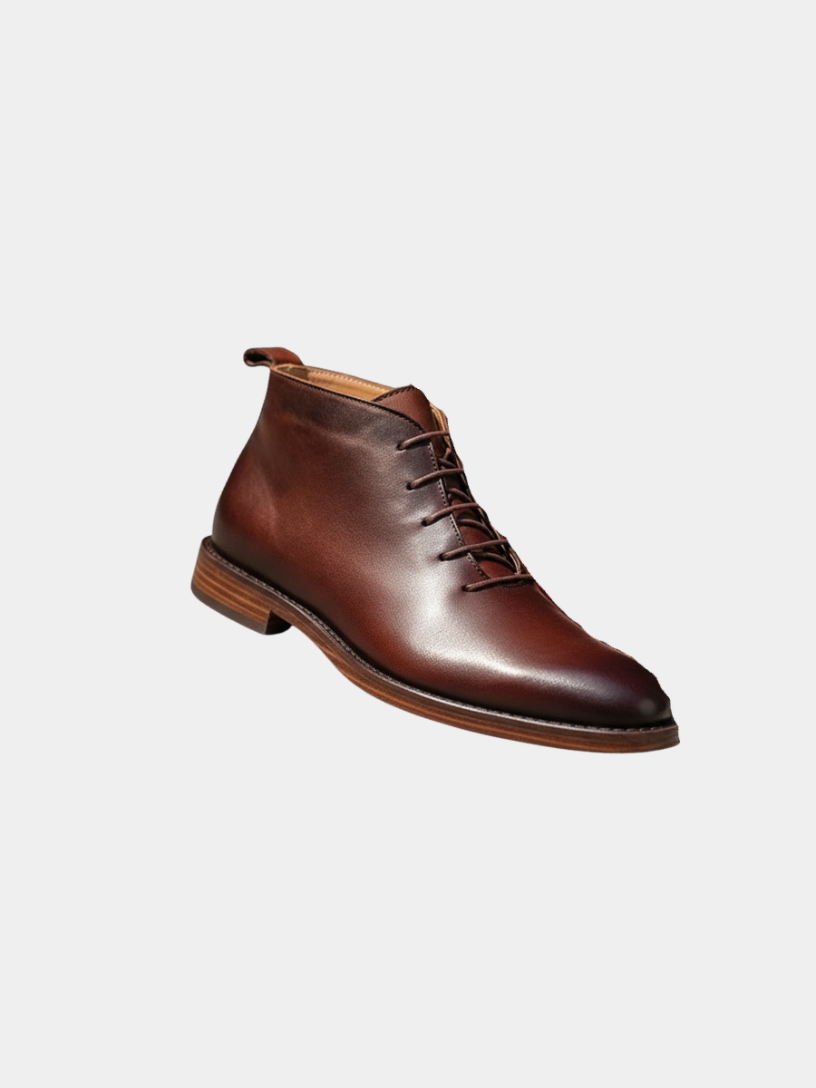 Brown leather lace-up chukka boot with stacked wooden heel, side profile