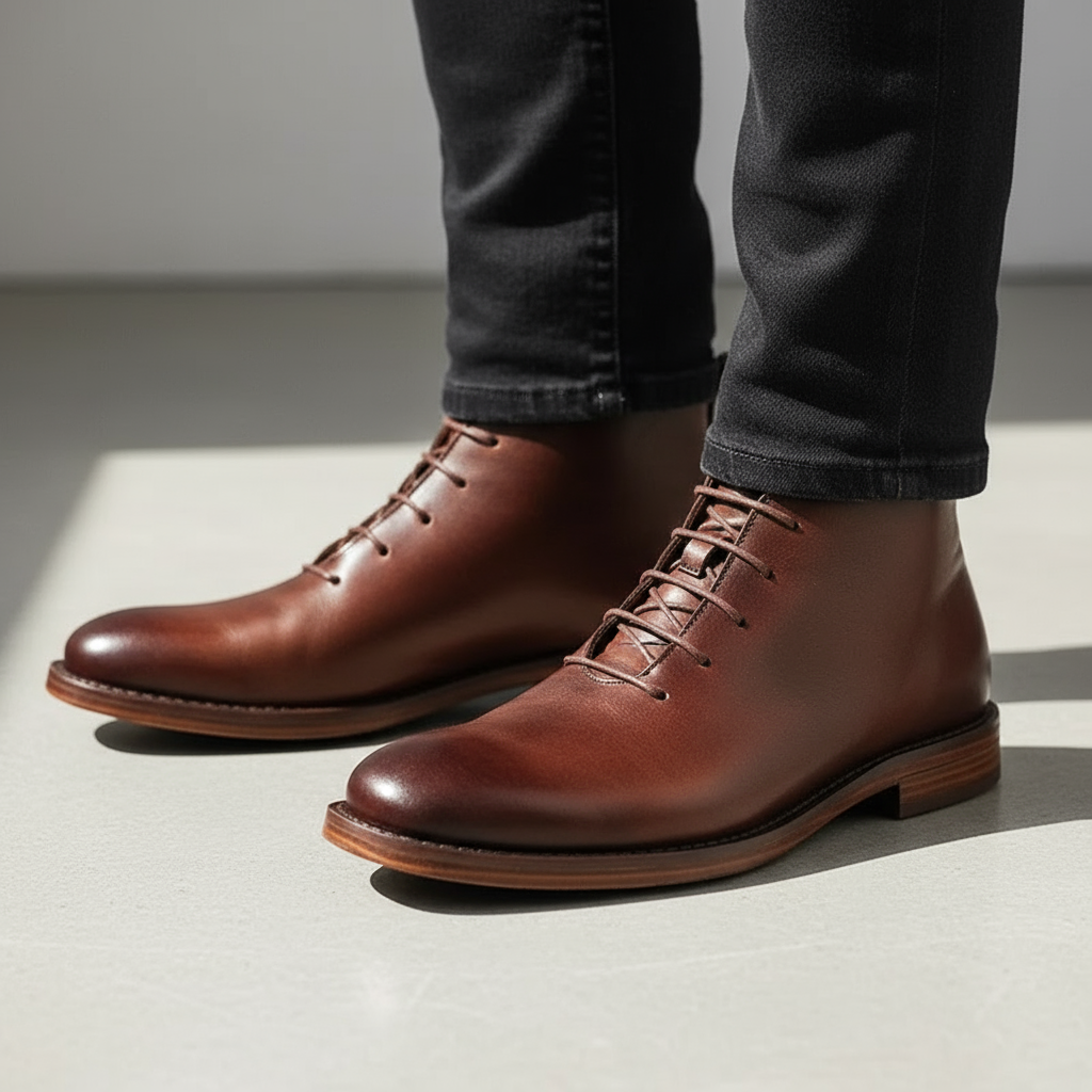 Brown leather chukka boots worn with tapered black trousers, side view