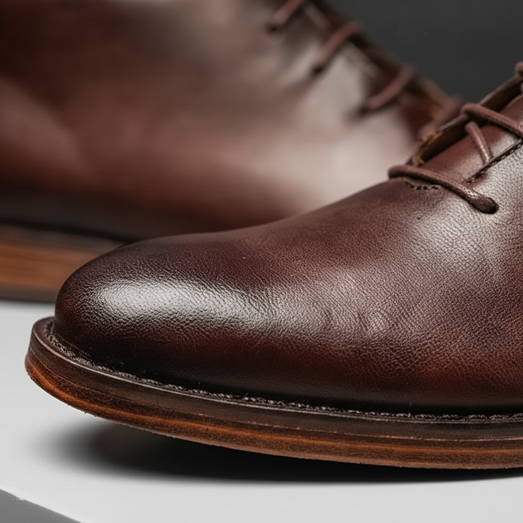 Macro shot of brown leather boot toe showing grain texture and stitched sole