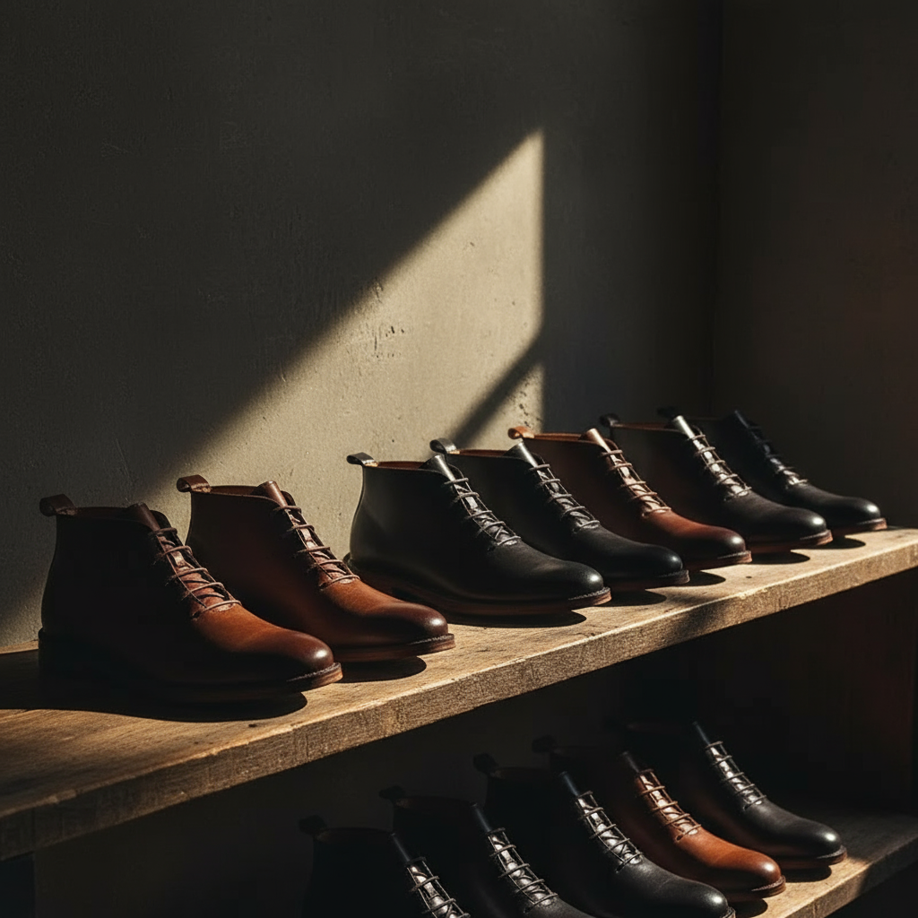 Row of brown and black leather chukka boots displayed on wooden shelf