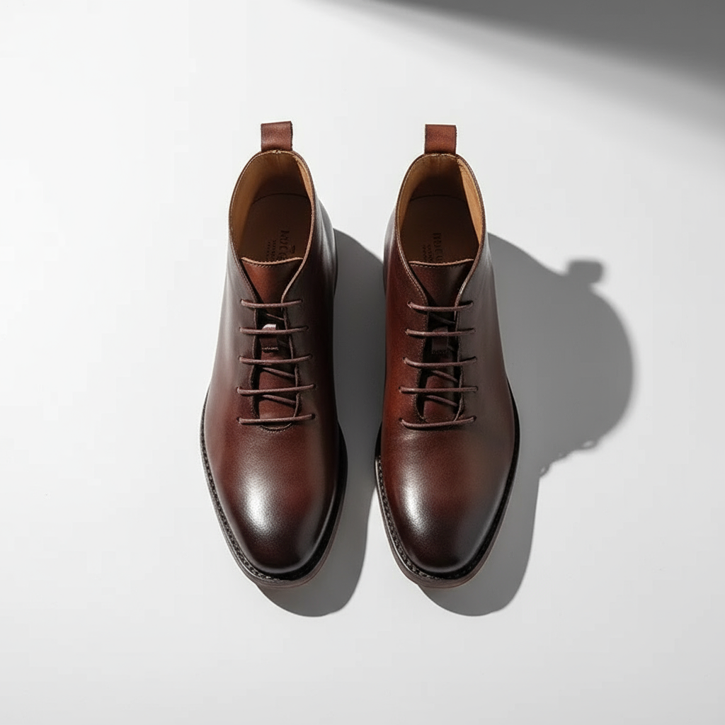 Pair of brown leather chukka boots viewed from above on white background
