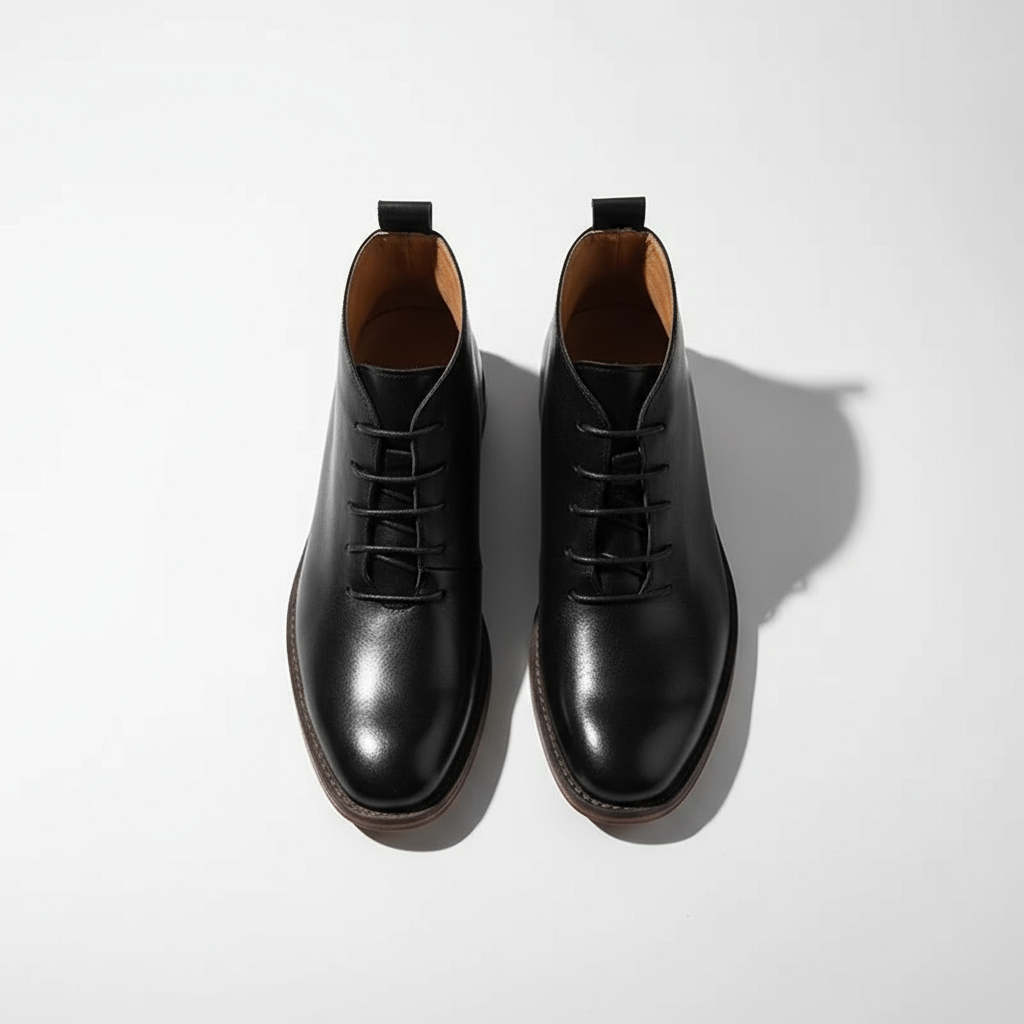 Black leather lace-up chukka boots shown from above with tan interior lining