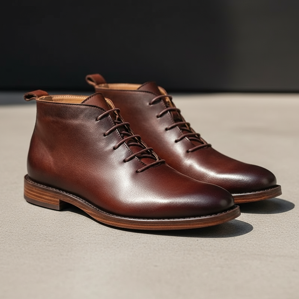 Brown leather lace-up ankle boots with pull tabs on neutral background