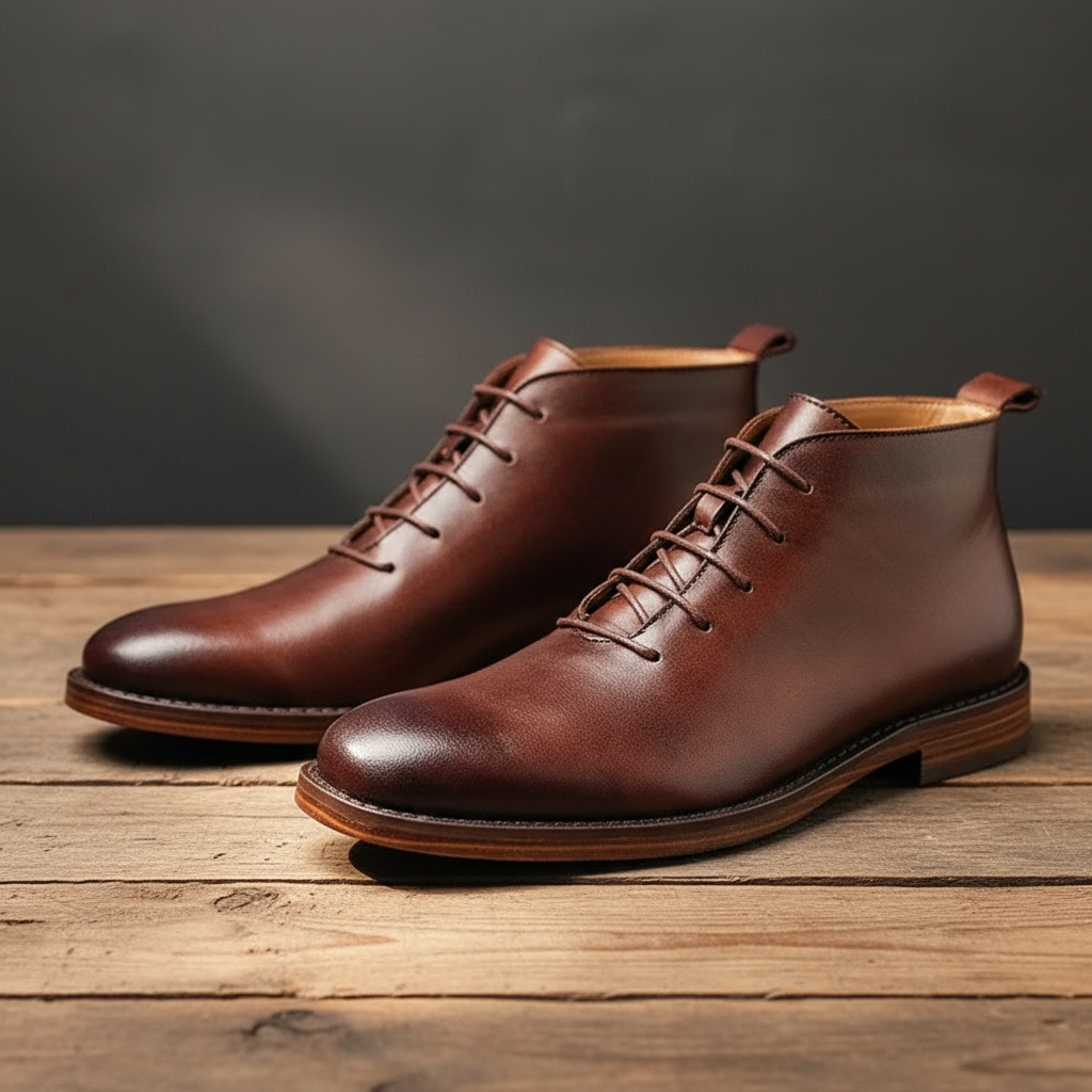 Brown leather chukka boots displayed on rustic wooden surface, close-up