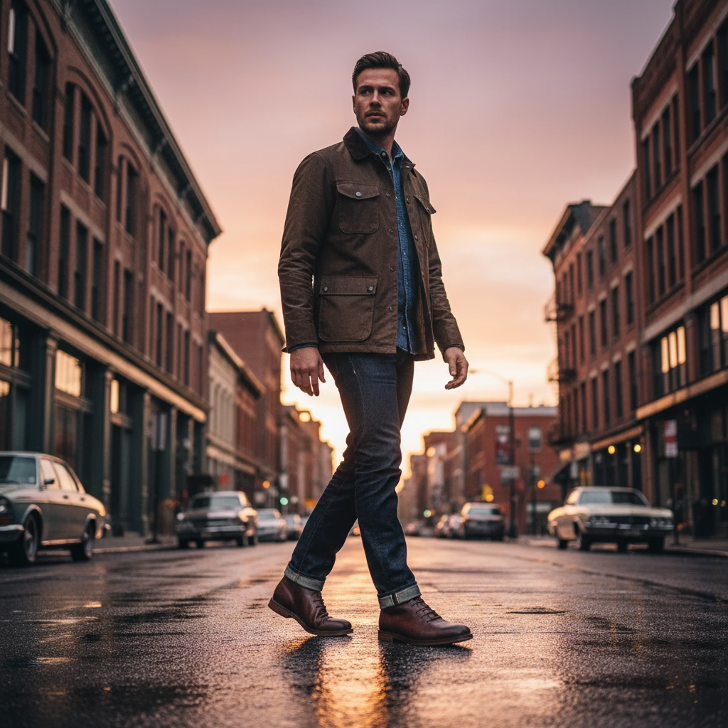Man walking city street wearing brown leather boots with cuffed denim jeans