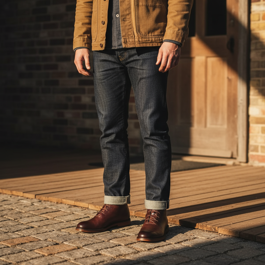Close-up of brown leather chukka boots worn with rolled dark denim trousers
