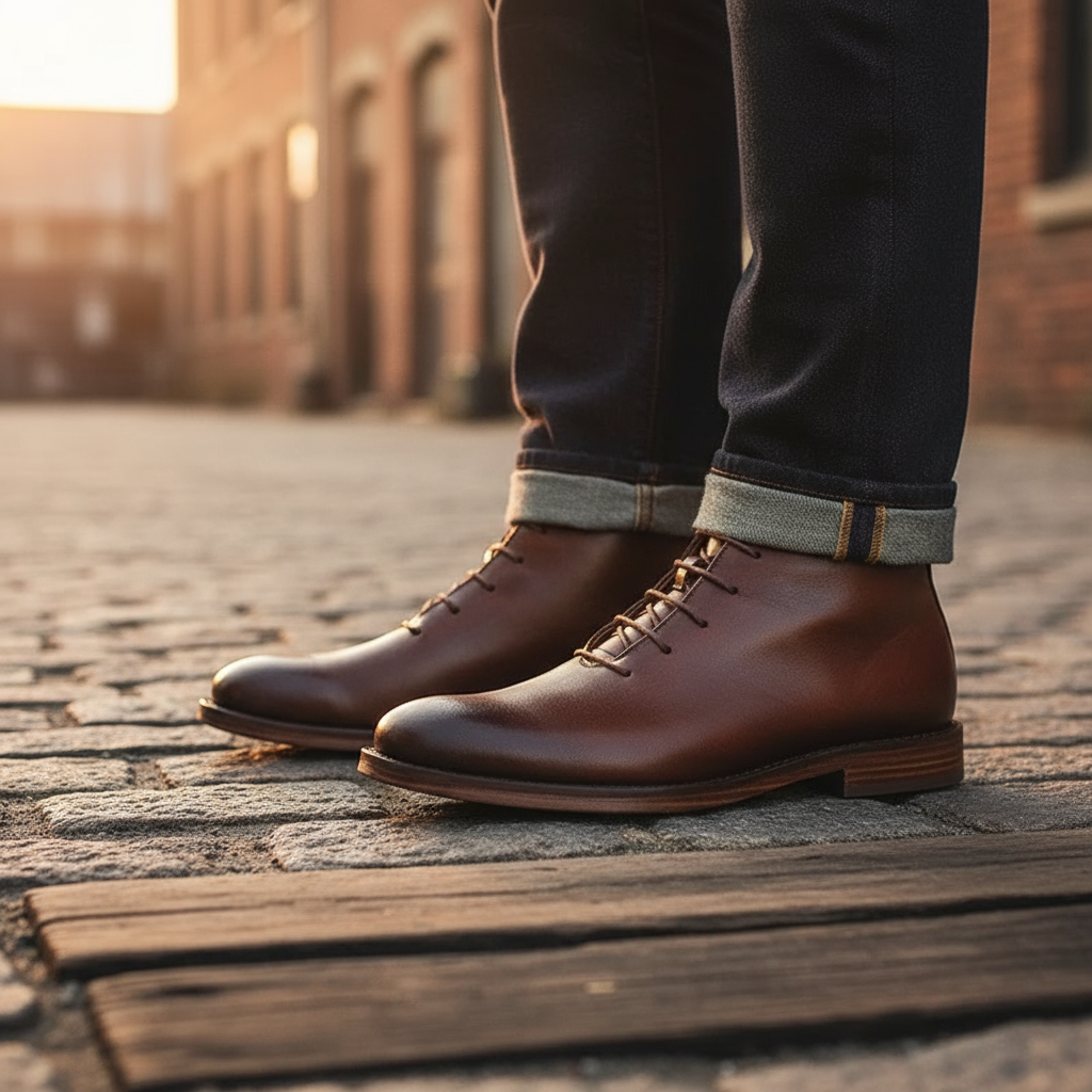 Cobbled street shot of brown leather lace-up boots with turned-up jeans
