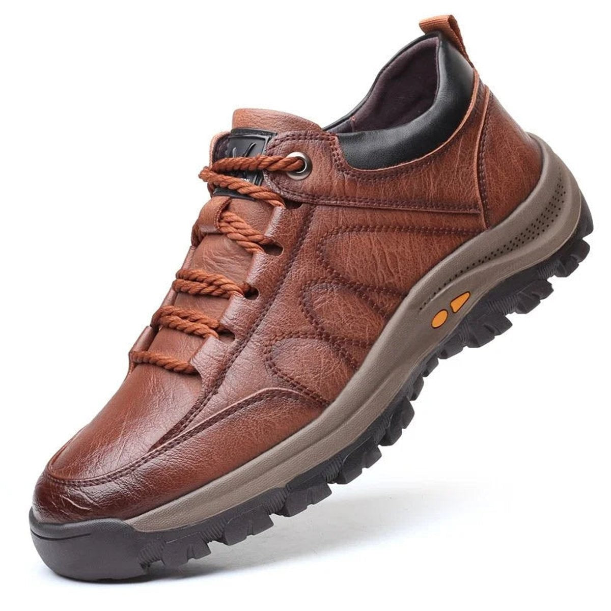 Tan brown leather men's lace-up casual shoe with rugged lugged sole