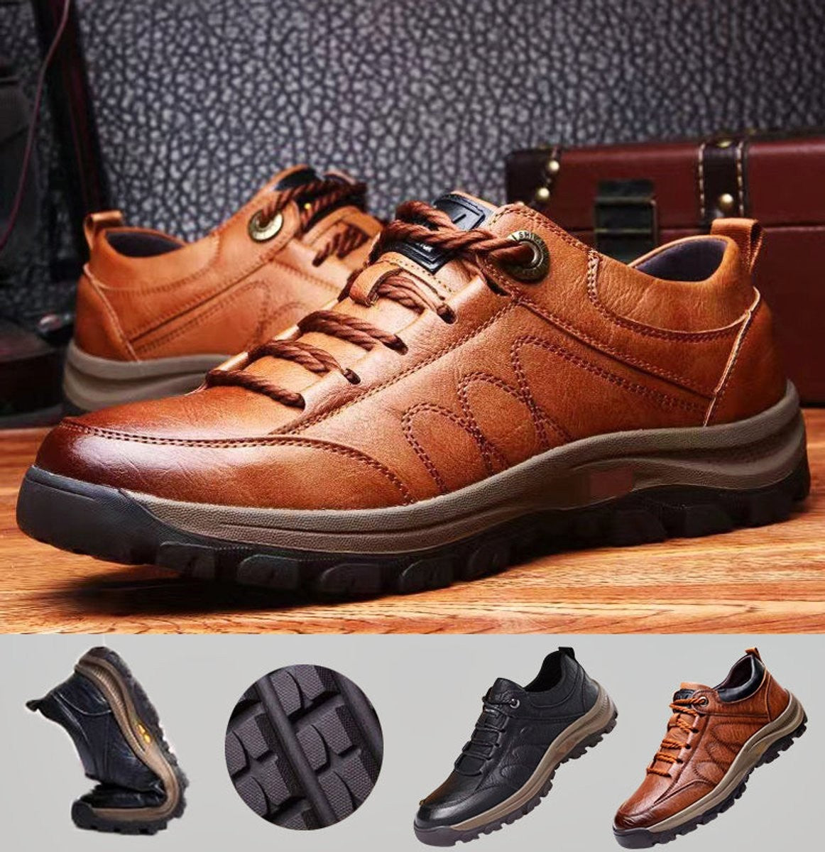 Tan leather lace-up shoes displayed with sole and colour variant details