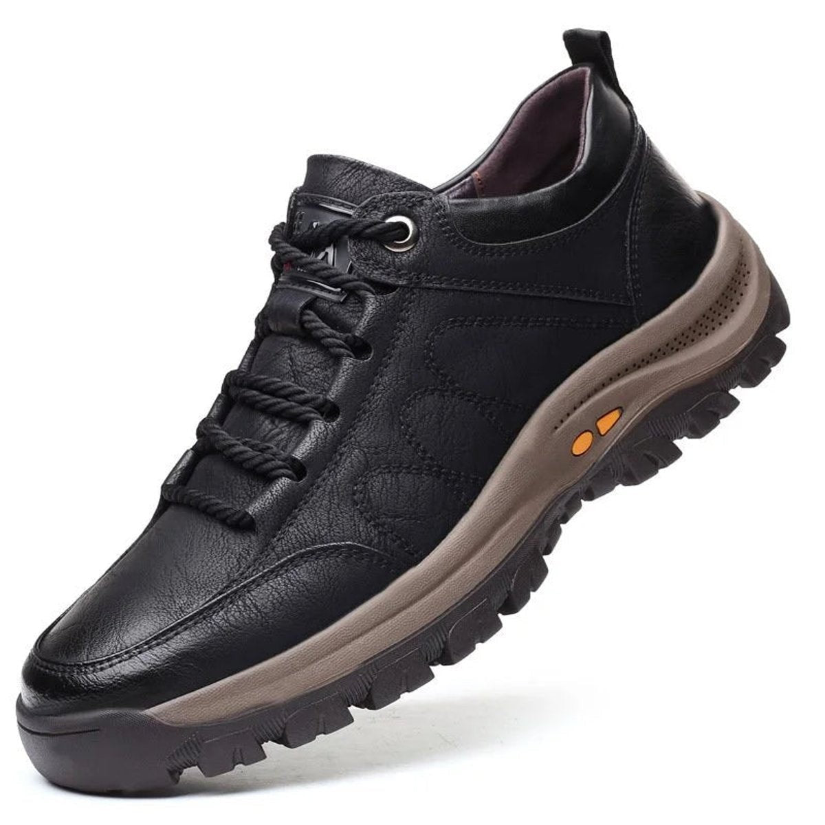 Black leather men's lace-up casual shoe with chunky tread sole