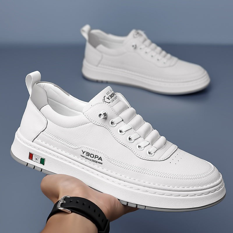 White leather trainer close-up highlighting clean stitched panels