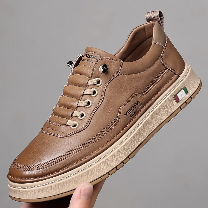 Tan leather lace-up trainer showing textured stitched detailing