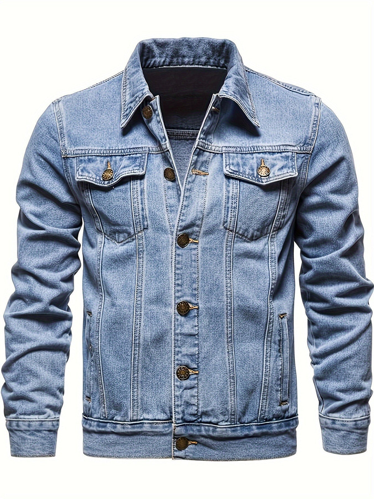 Faded blue denim jacket featuring classic lapel collar and brass buttons