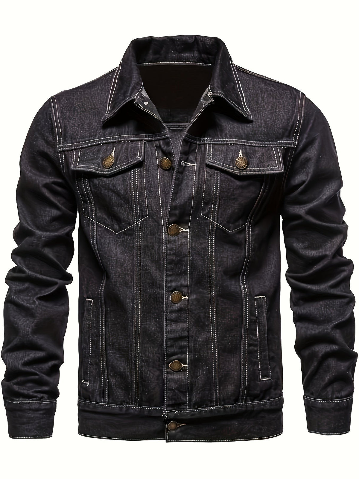 Men's black denim jacket showing distressed stitching and button fastening
