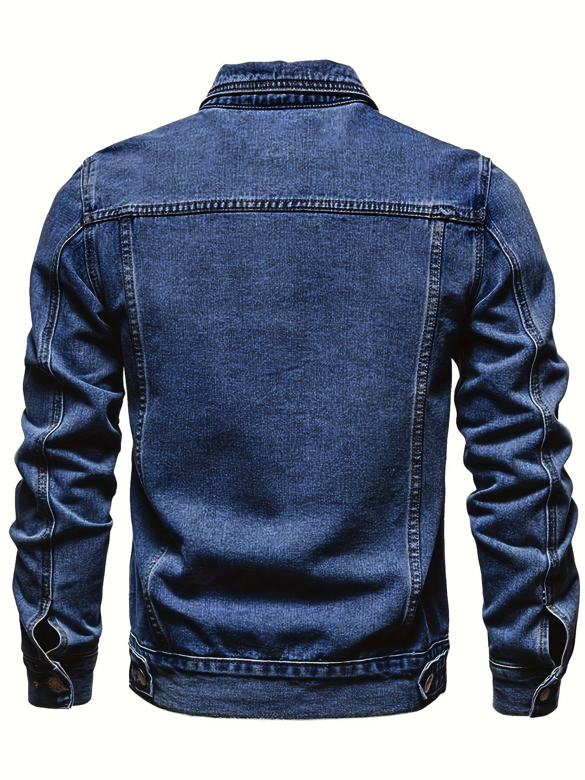Blue denim jacket back view with structured shoulders and long sleeves
