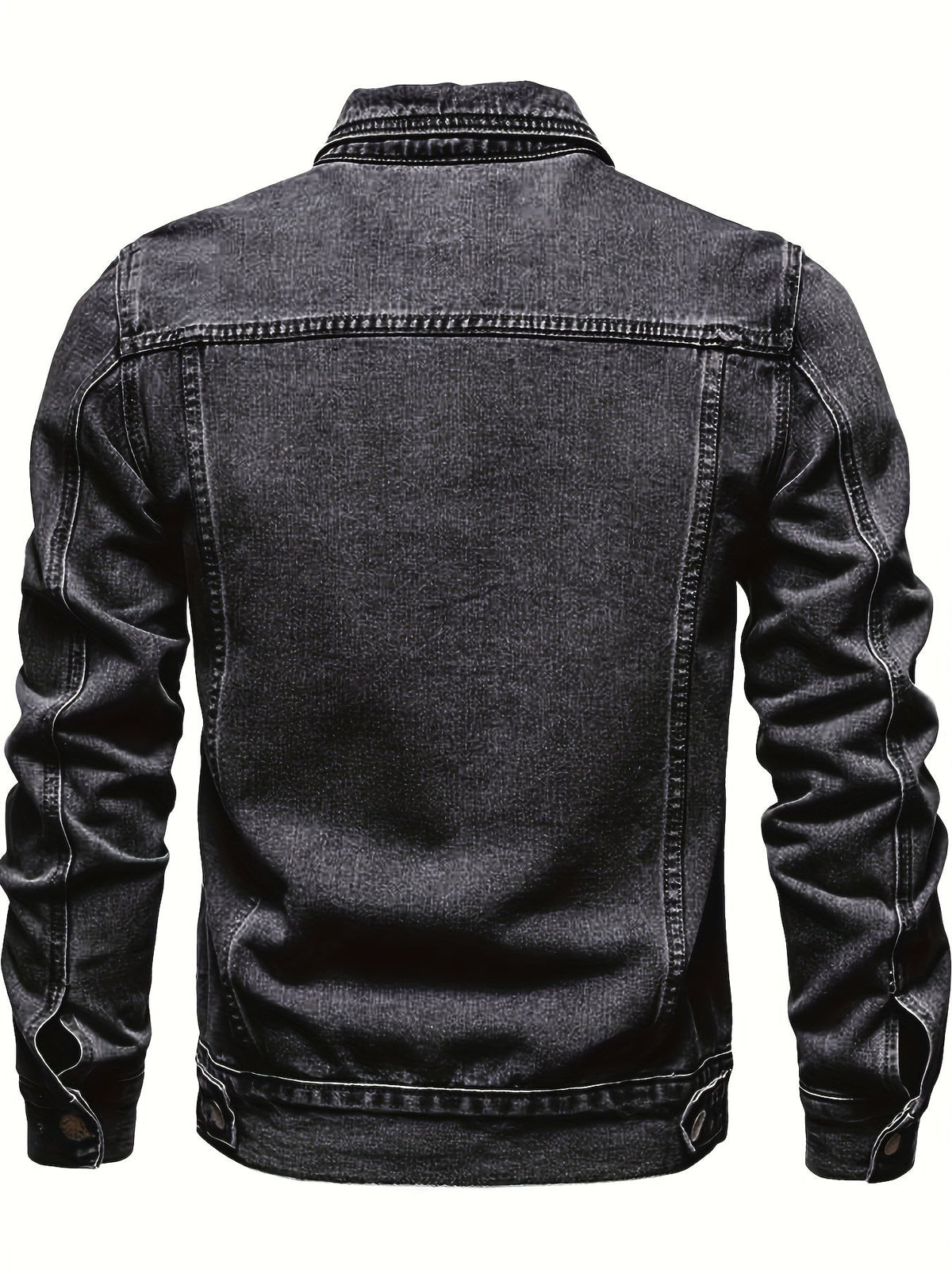 Black denim jacket rear view displaying faded wash and tailored seams