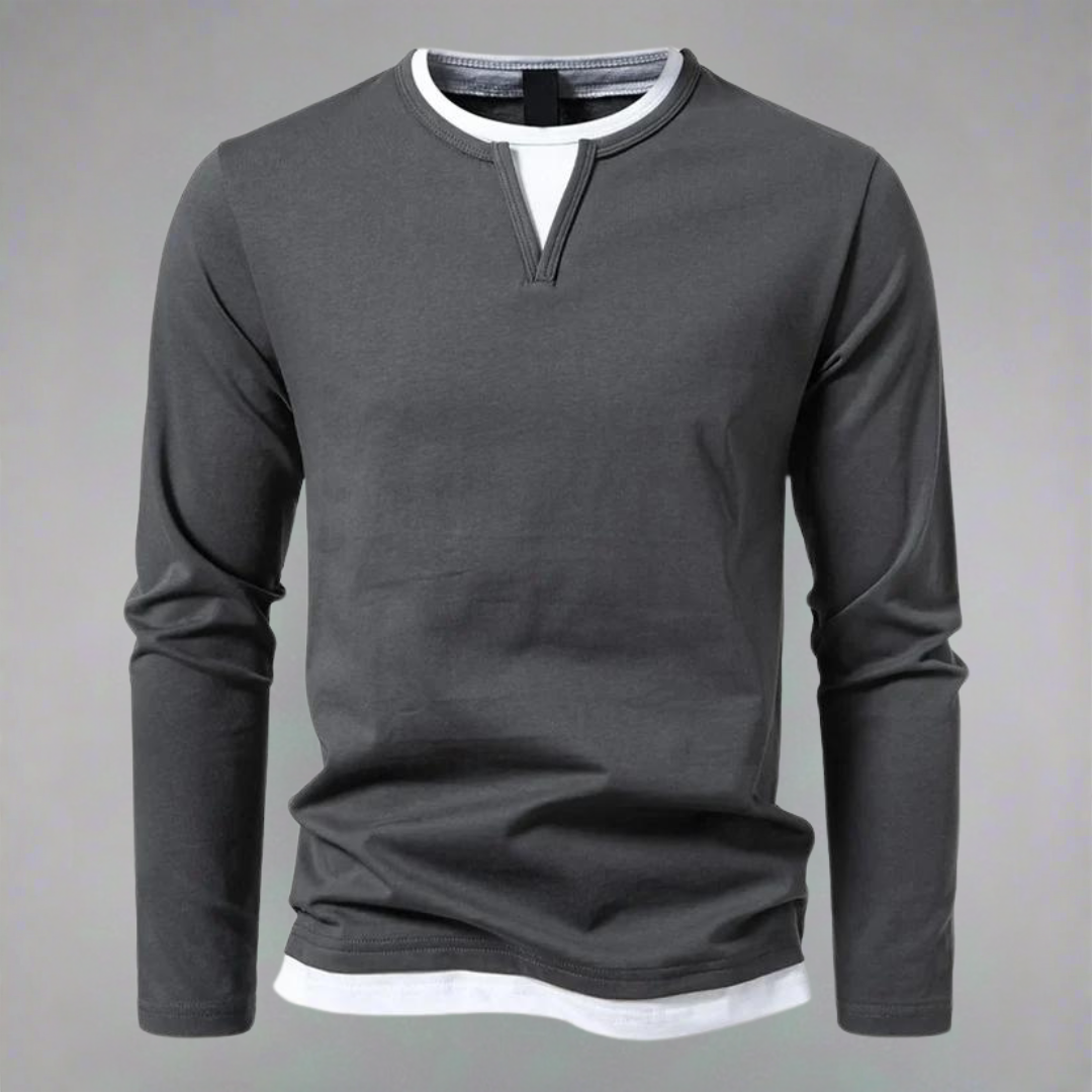 Men's dark grey V-neck knit shirt with contrast white hem trim