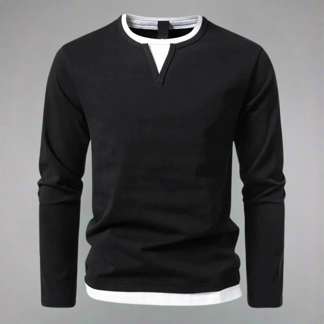Black long-sleeve V-neck jumper featuring white layered collar detail