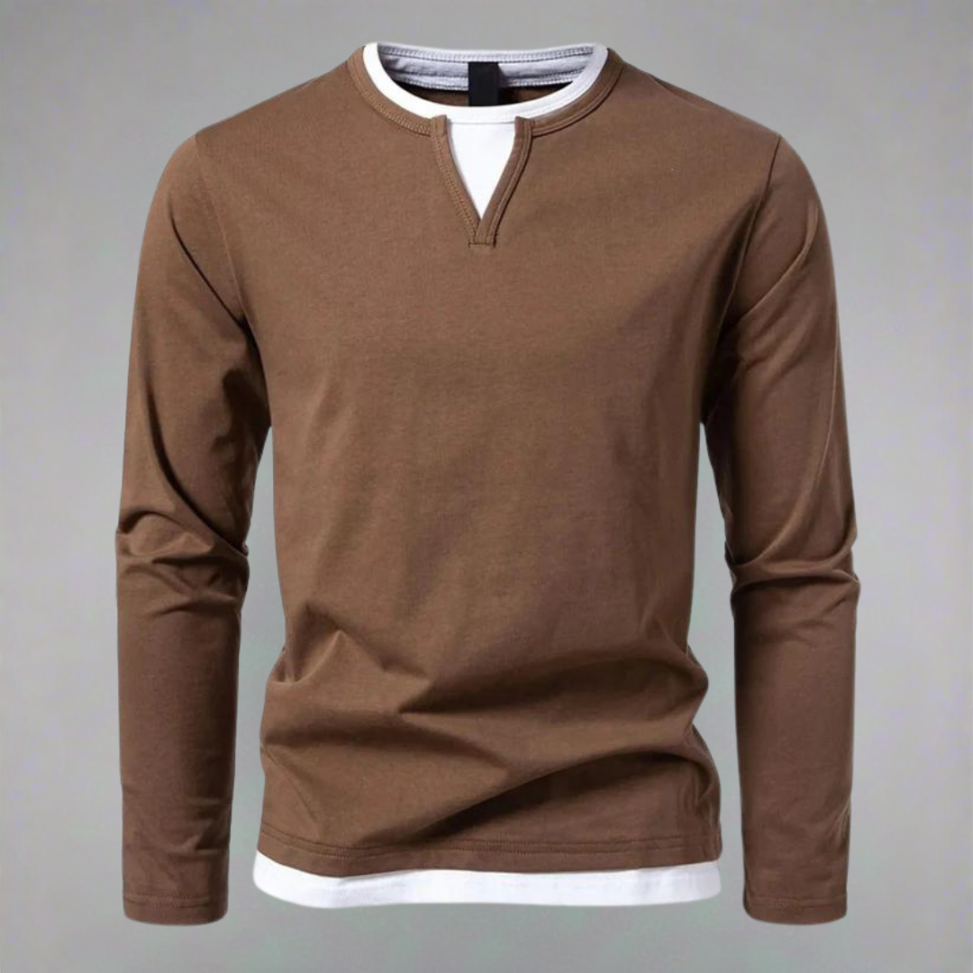 Brown knit top with notch neck and white contrast trim finish