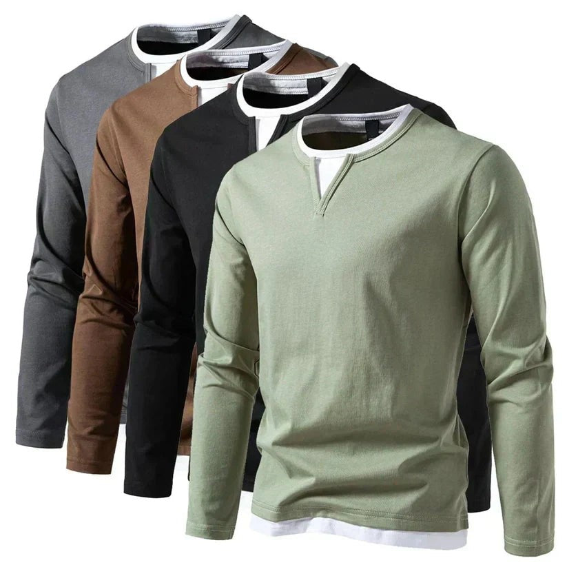 Four colourways of men's layered V-neck knit shirts displayed together