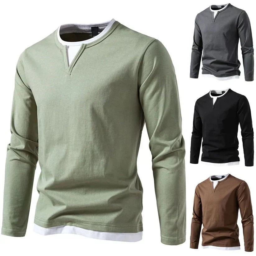 Sage green V-neck top shown alongside grey, black and brown colour options