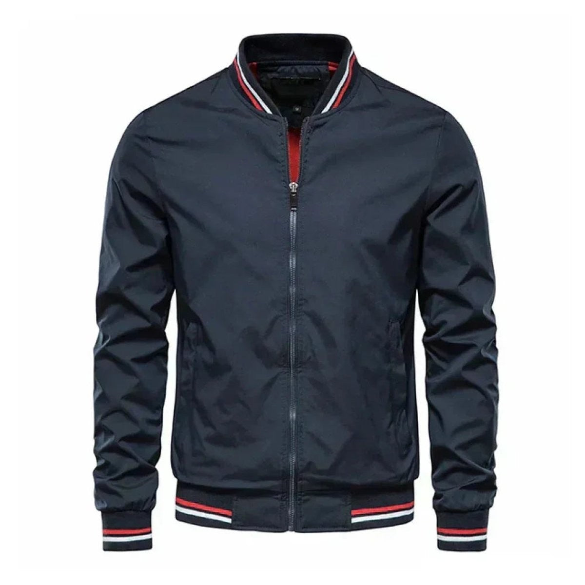 Navy zip-up bomber jacket featuring striped stand collar detail