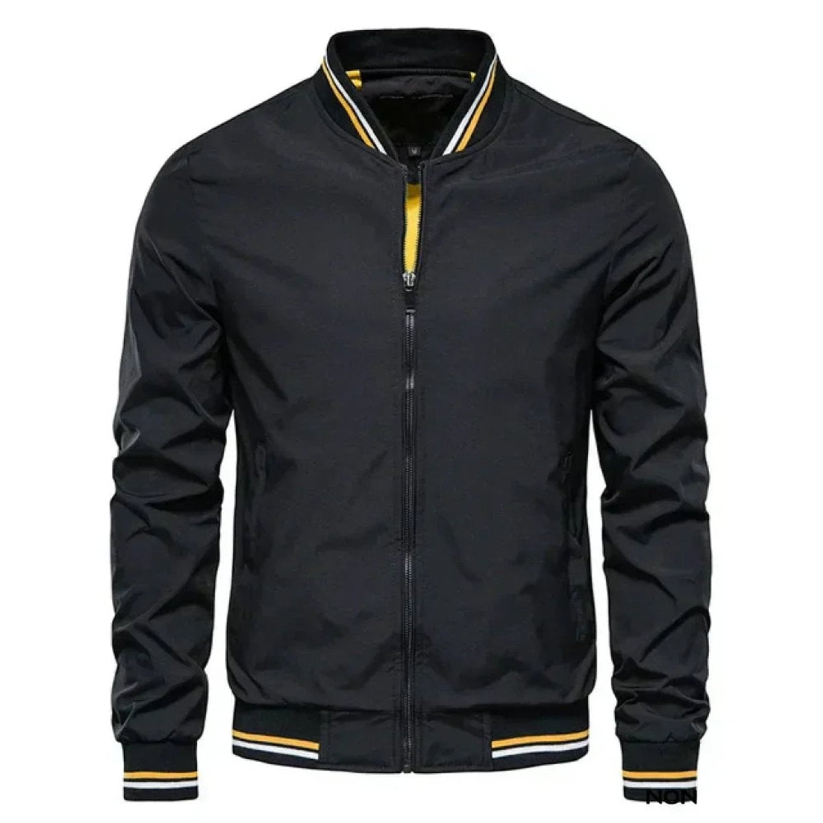 Black lightweight bomber jacket with yellow and white striped cuffs