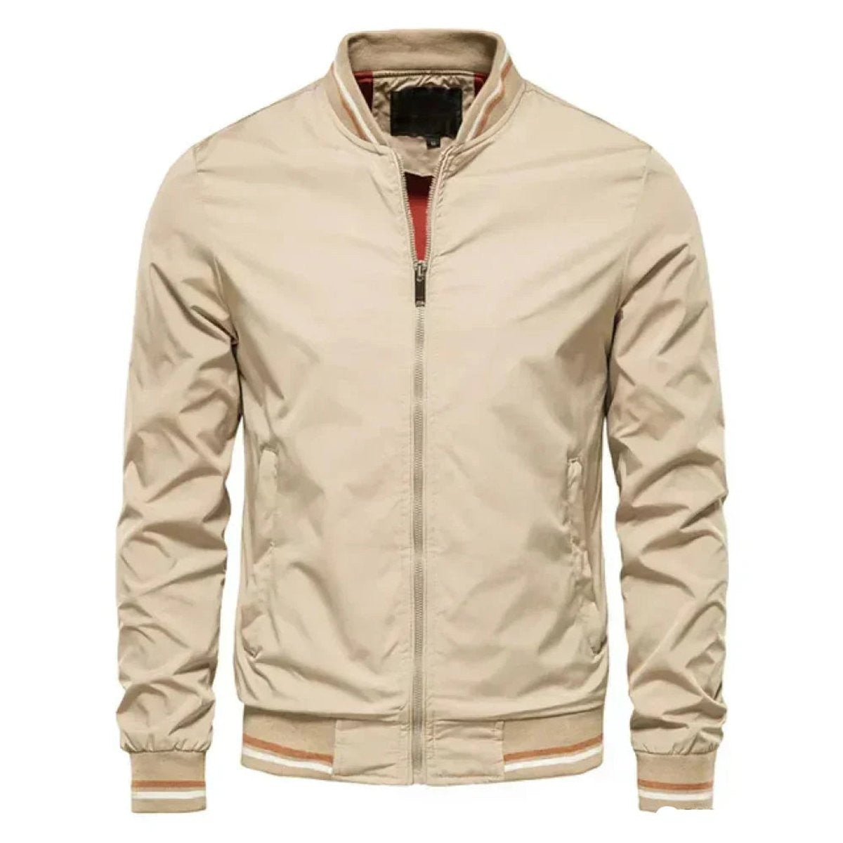 Beige zip-up bomber jacket with red striped ribbed collar