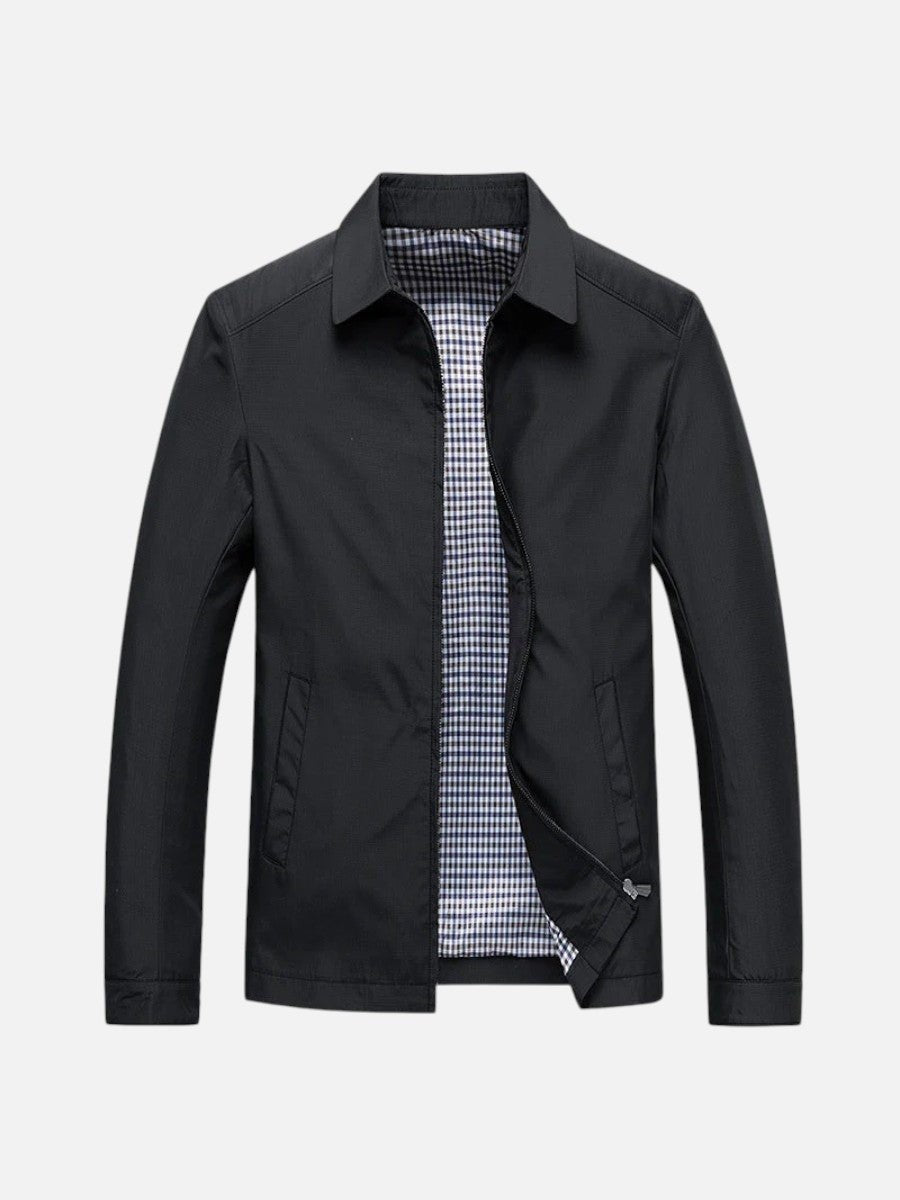 Black lightweight bomber jacket with shirt collar and check lining detail