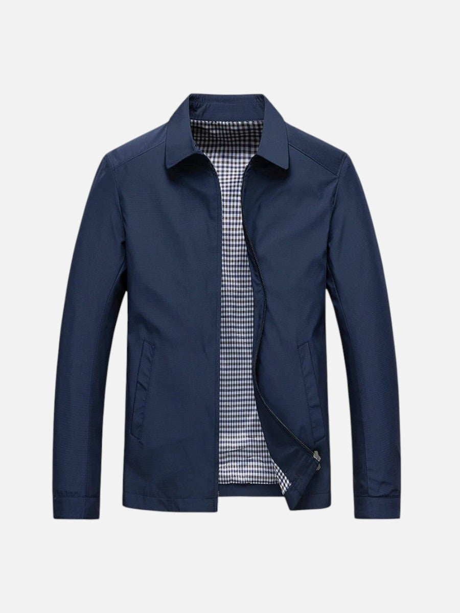 Navy zip-up bomber jacket with contrasting checked inner lining