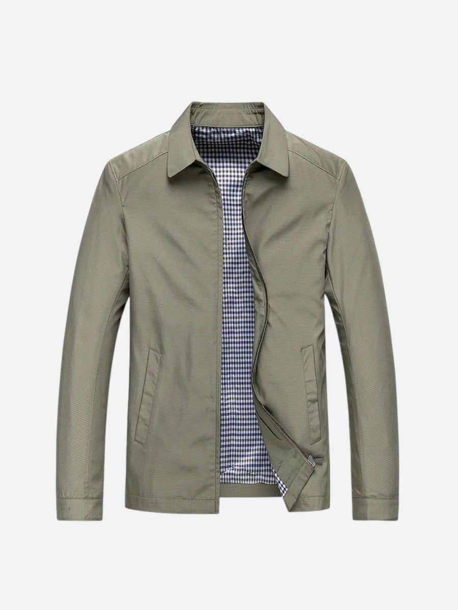 Khaki green lightweight bomber jacket with gingham check lining detail