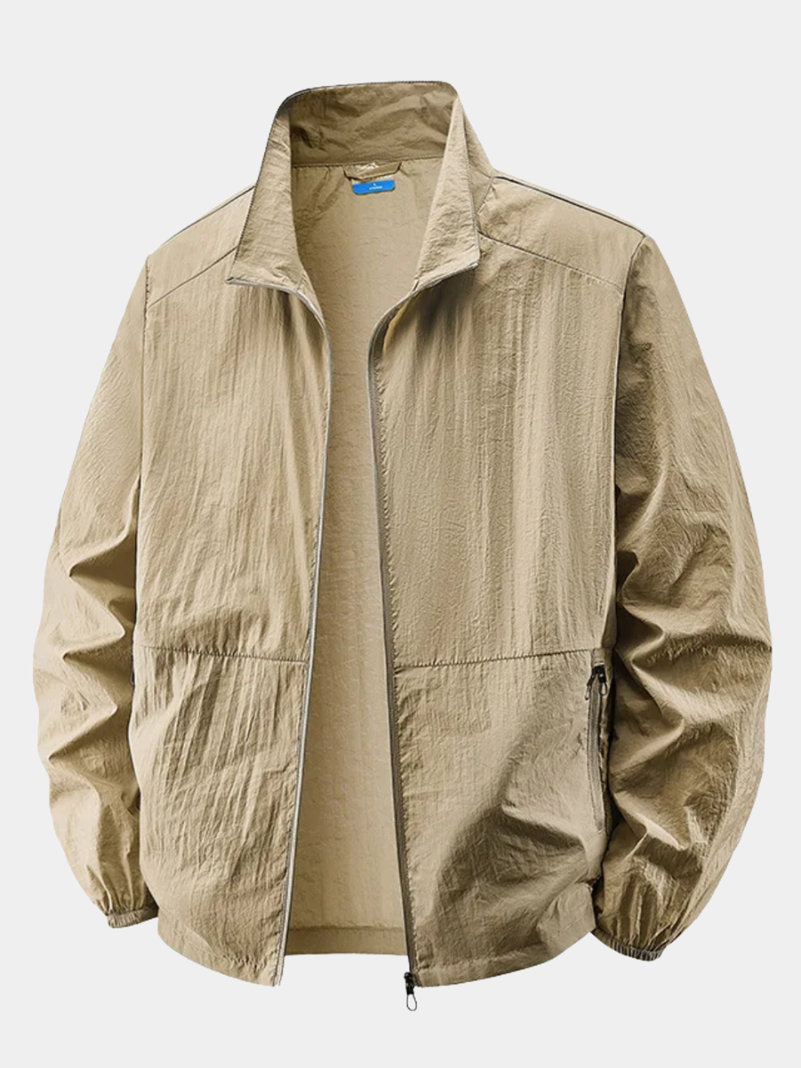 Beige lightweight zip jacket with stand collar and crinkled texture