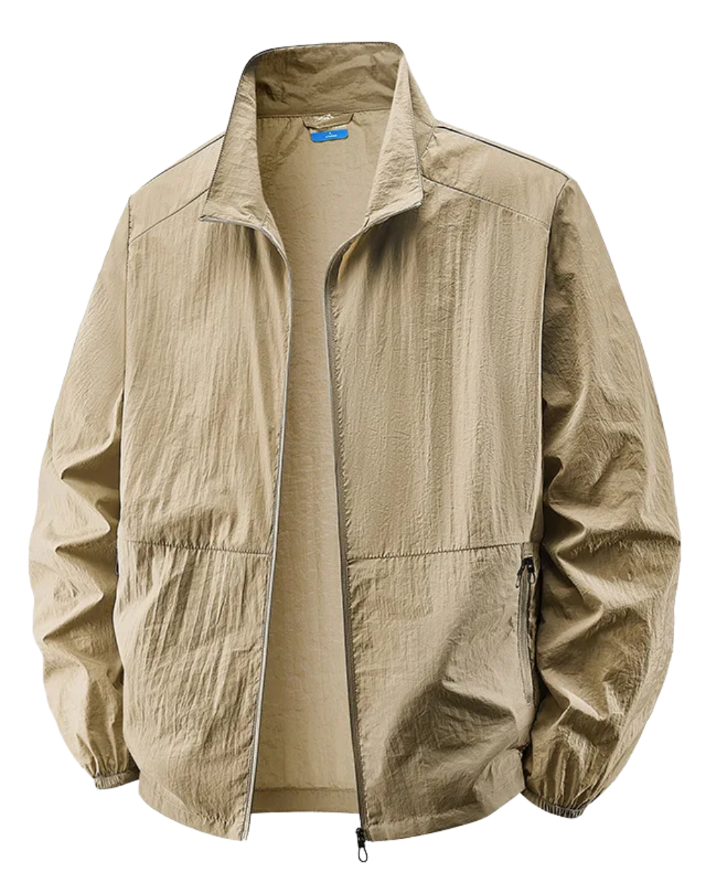 Beige zip-up jacket featuring stand collar and zipped side pockets