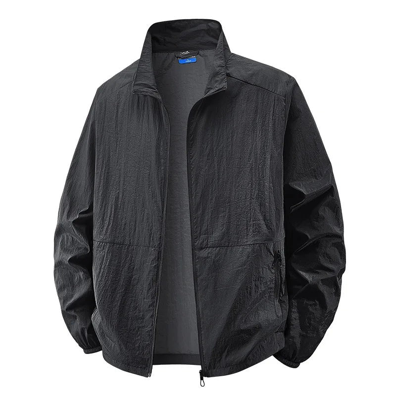 Black lightweight jacket with full zip and crinkled nylon finish