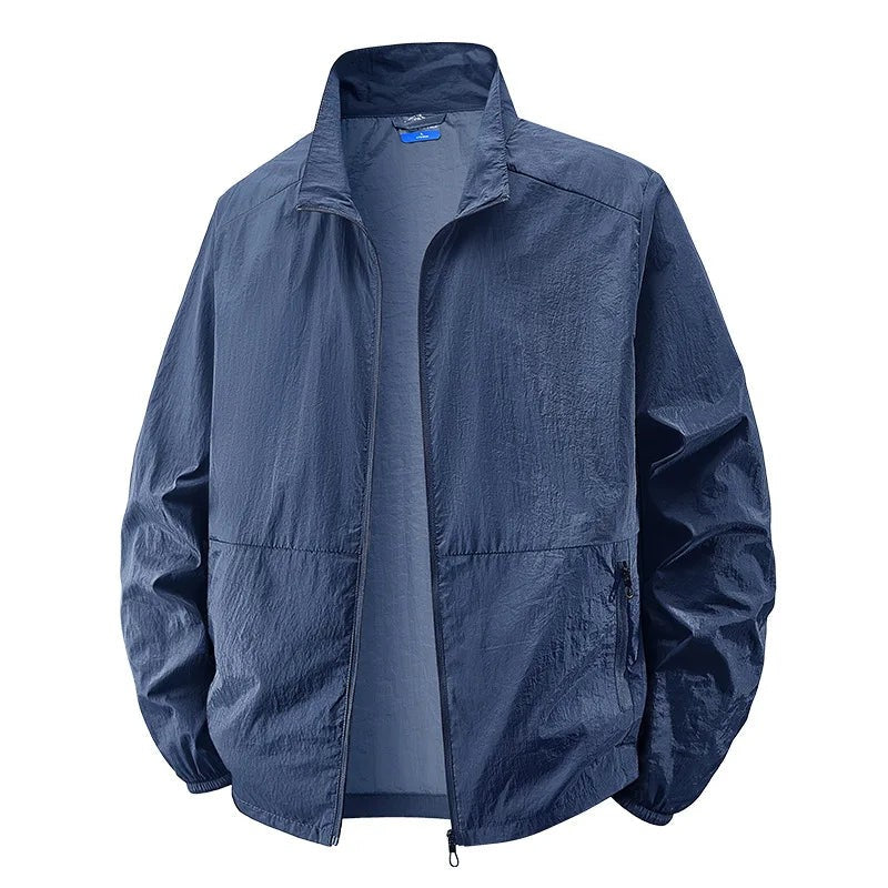 Navy zip-up jacket with stand collar and lightweight crinkled fabric